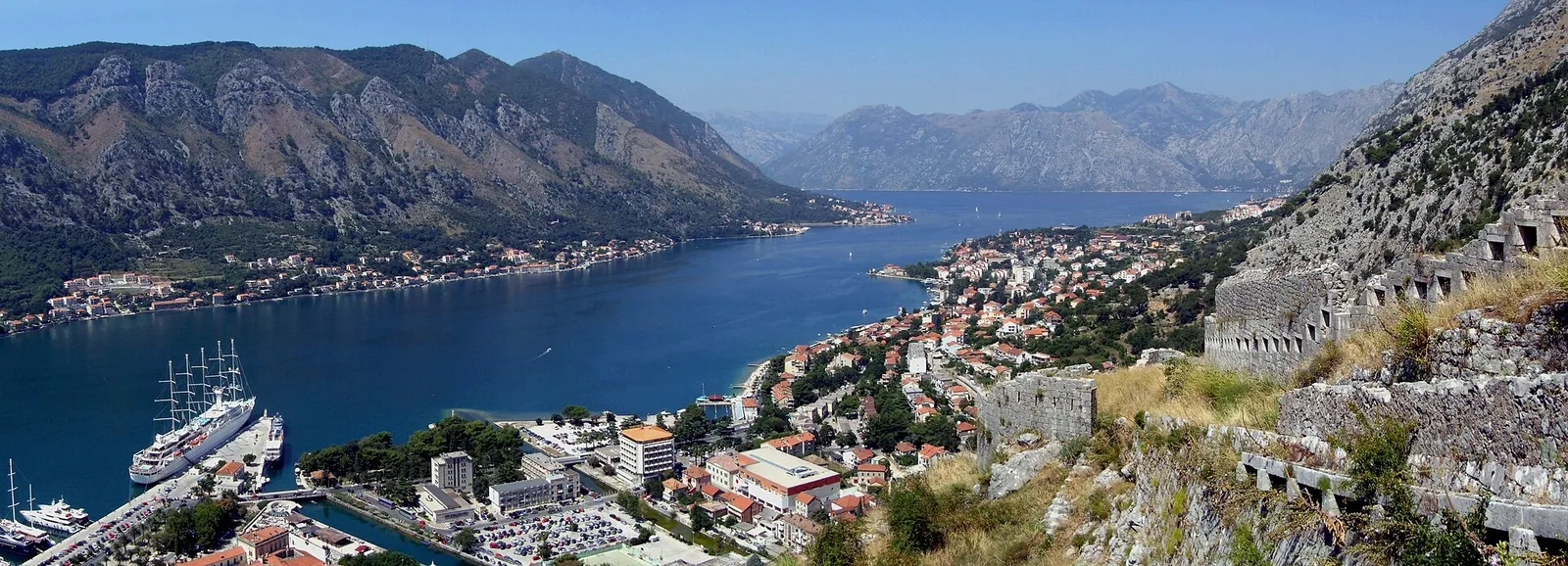 The Bay of Kotor in Montenegro seen from the fortress walls with mountains ringing the water