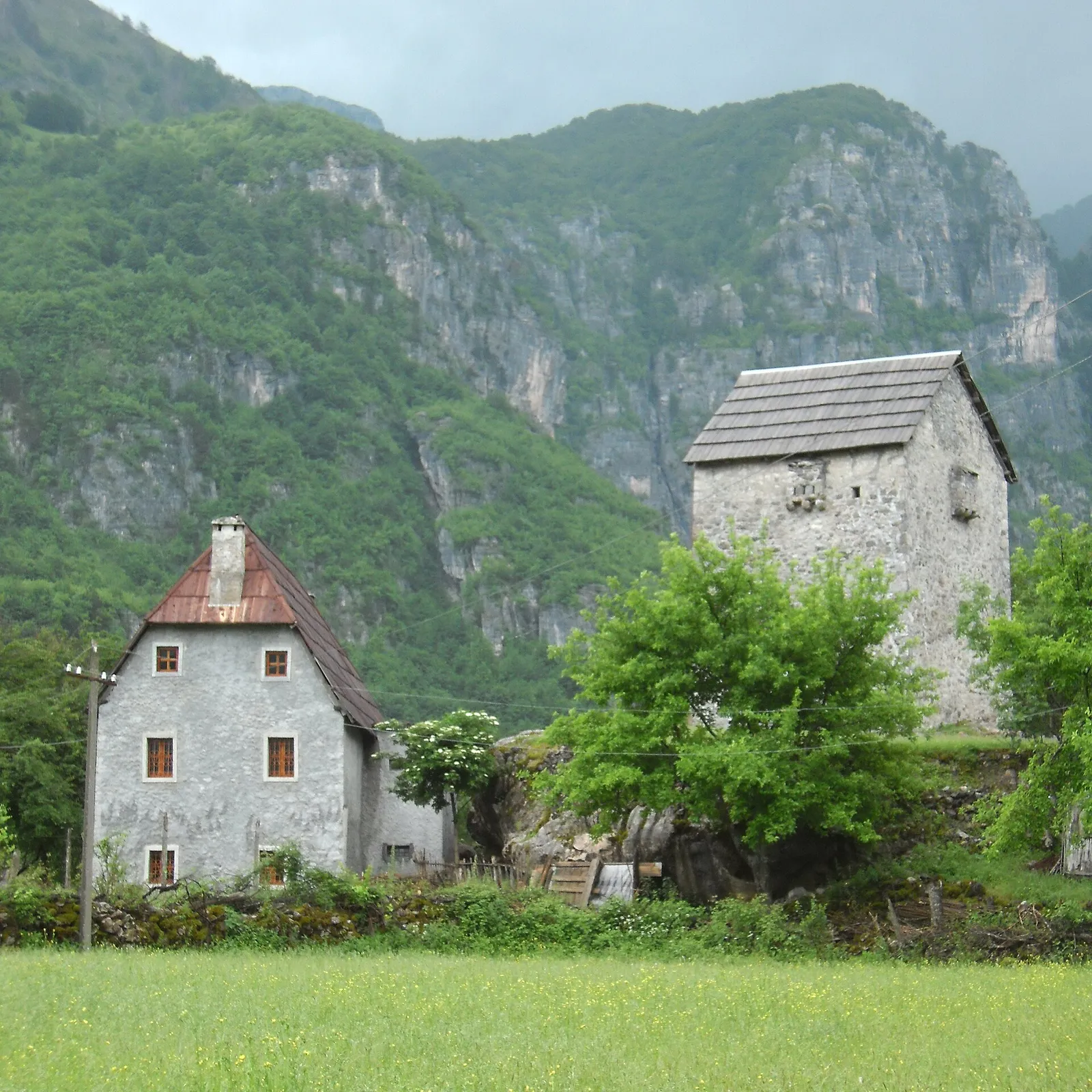 Traditional stone houses beneath steep forested cliffs in the Theth valley of the Albanian Alps