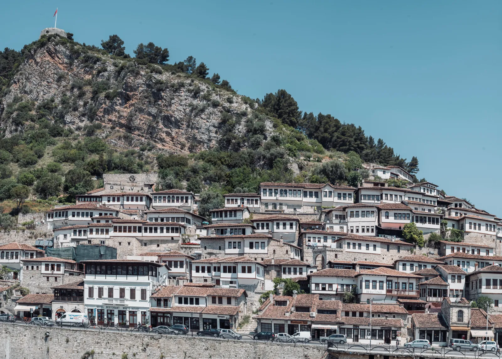 Ottoman era houses built up a hillside in Berat, Albania