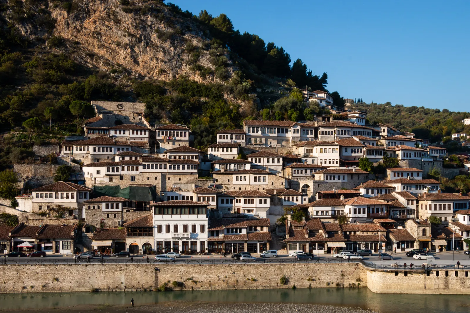 The white houses of the Mangalem quarter in Berat climbing the hillside below the castle