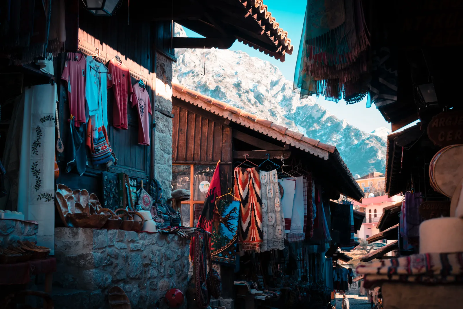 Restored Ottoman bazaar street in Kruje with wooden shopfronts