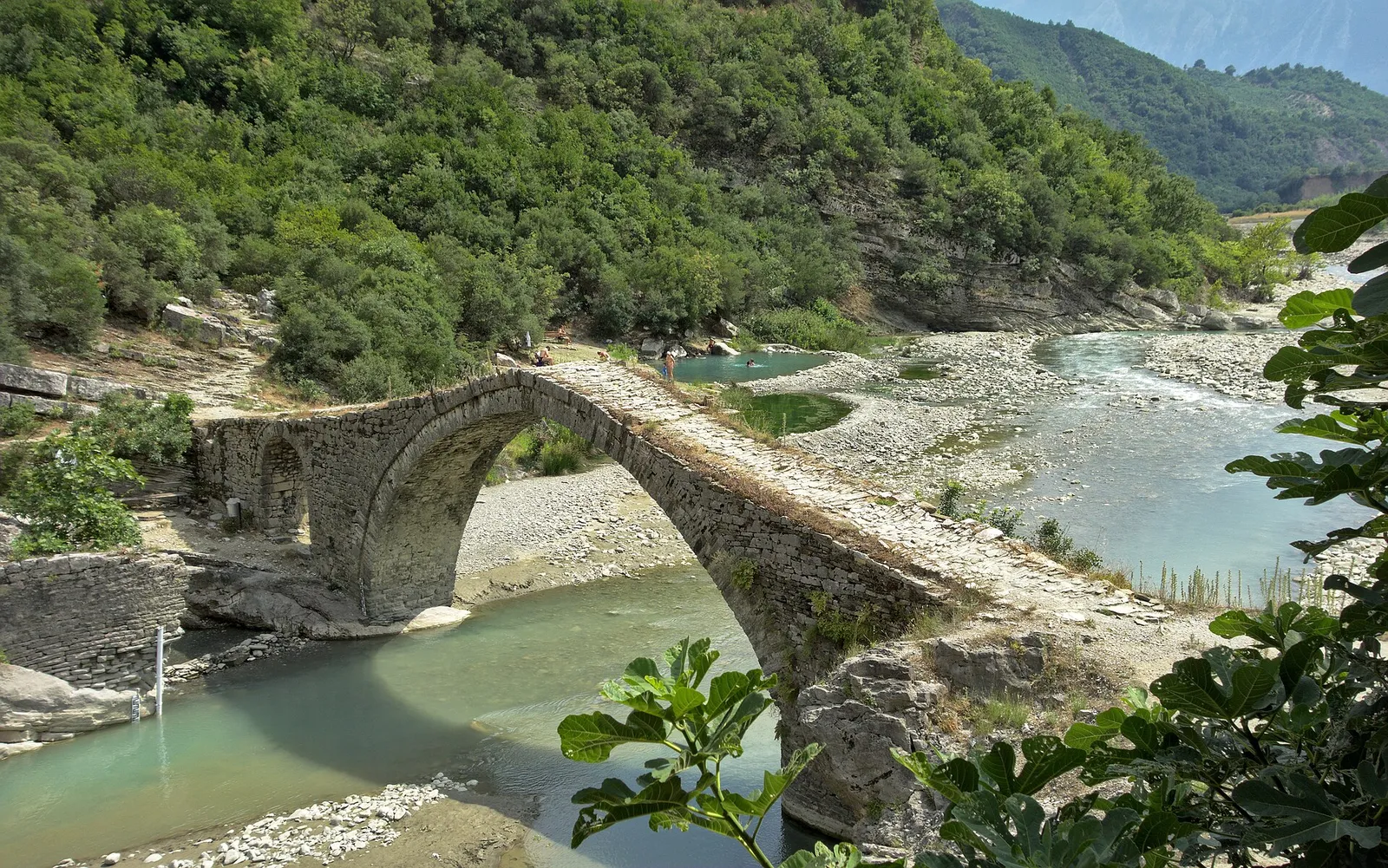 River canyon with high narrow rock walls near Permet in Albania