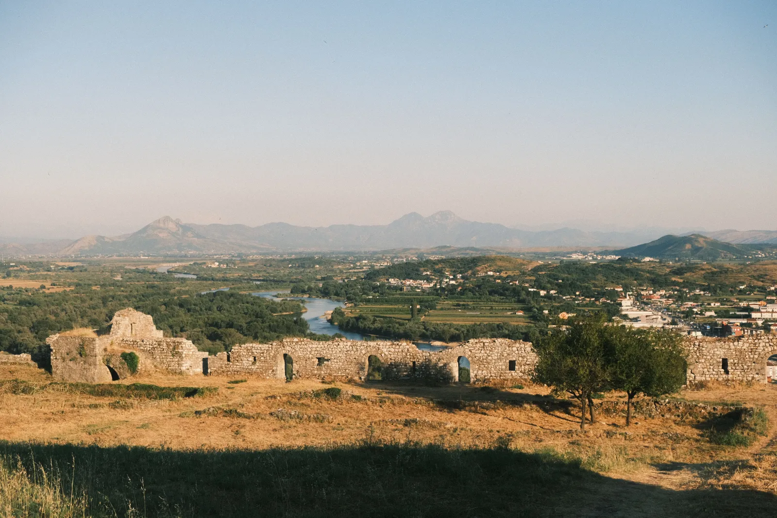 Rozafa Castle on a hill above Shkoder with the lake and plain behind it