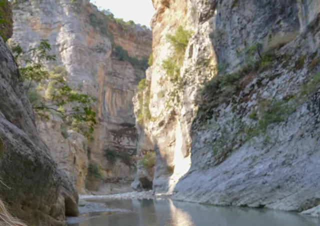 A narrow canyon with high white rock walls and turquoise water flowing at the bottom
