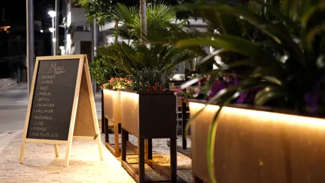 A chalkboard with a handwritten menu beside lit planters with palms, on a street at night
