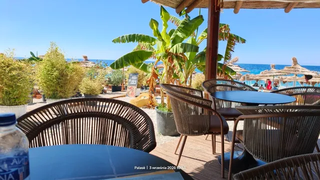 Dark wicker chairs on a shaded wooden deck, with banana trees and a blue sea in the background