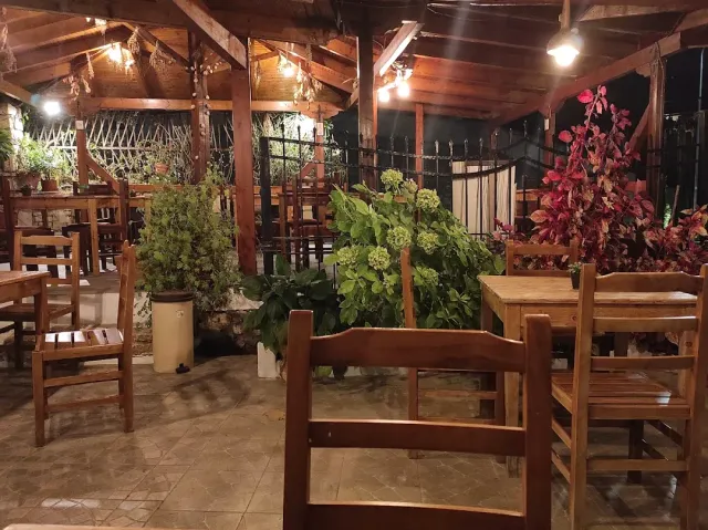 A wooden pergola lit at night with chairs and potted plants, one of them with red leaves