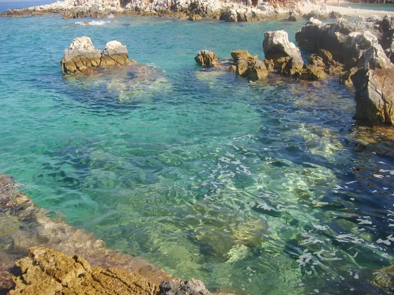 Clear turquoise water between white rock outcrops and low scrub at the waterline