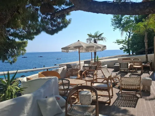 A wooden deck with rattan armchairs, straw parasols and pine branches above a blue sea