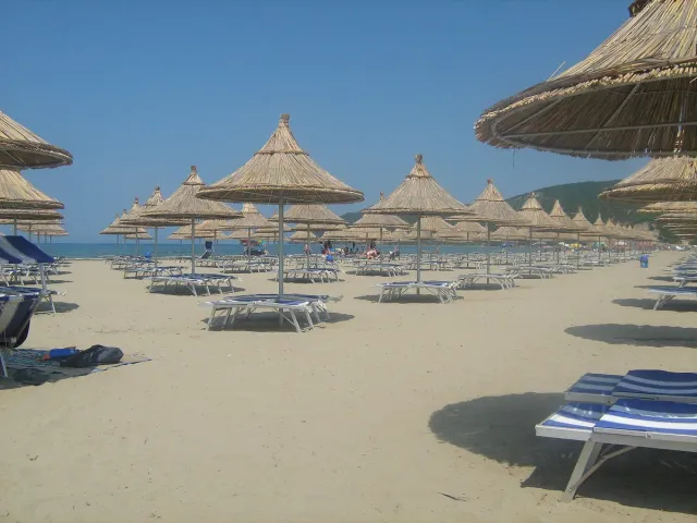Rows of straw parasols and sun loungers on a long sandy beach