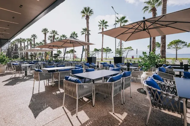 A terrace with chairs and blue cushions, white umbrellas and tall palms facing the sea