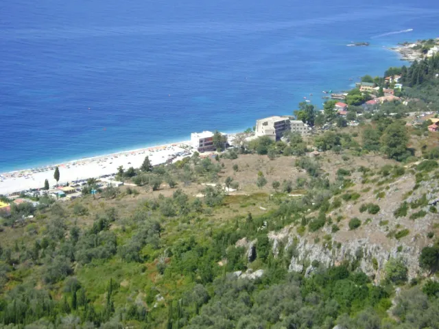 A white pebble beach and deep blue sea seen from a slope covered in olive trees
