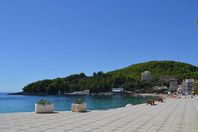 A beach promenade with trees and a bay