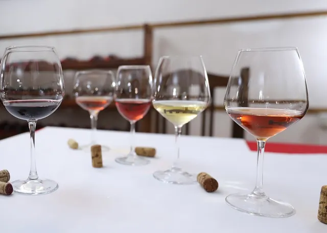 A row of red, rosé and white wine glasses on a white table with corks