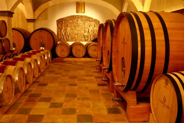 A vaulted cellar with large wooden barrels on both sides of a tiled aisle and a relief on the wall
