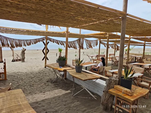 Reed shelters with wooden tables and potted succulents on a wide sandy beach