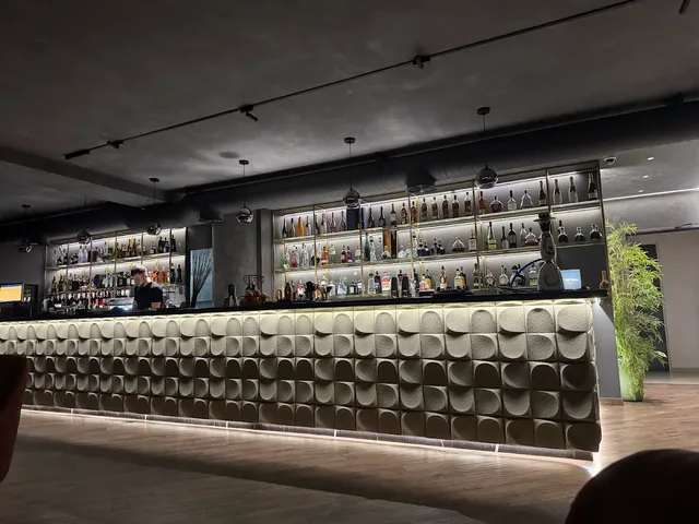 A long bar counter with a sculpted front and lit bottle shelves in a dim hall
