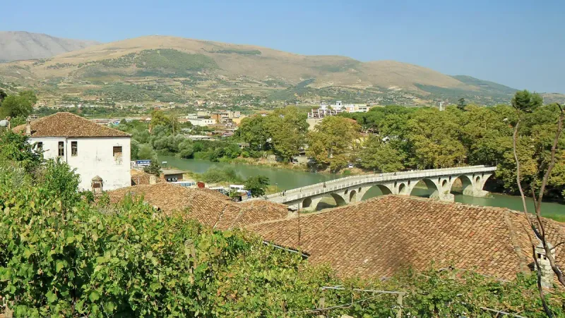 A stone arch bridge between tiled roofs and hills