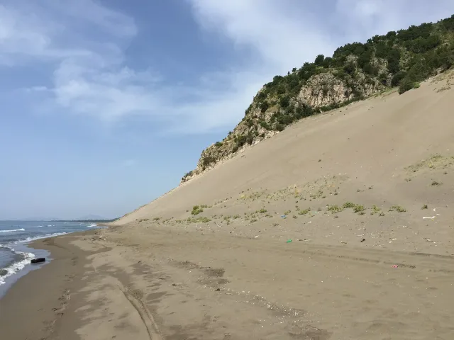 A giant sand dune sliding down to the waterline on an open shore