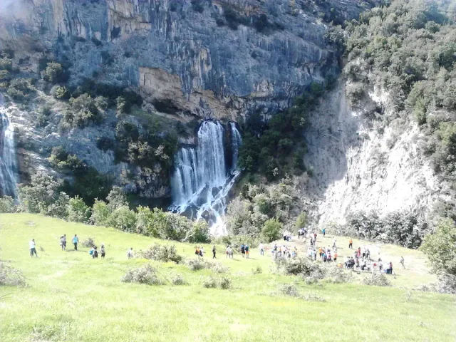 A narrow waterfall dropping from a high white rock wall onto the green meadow below