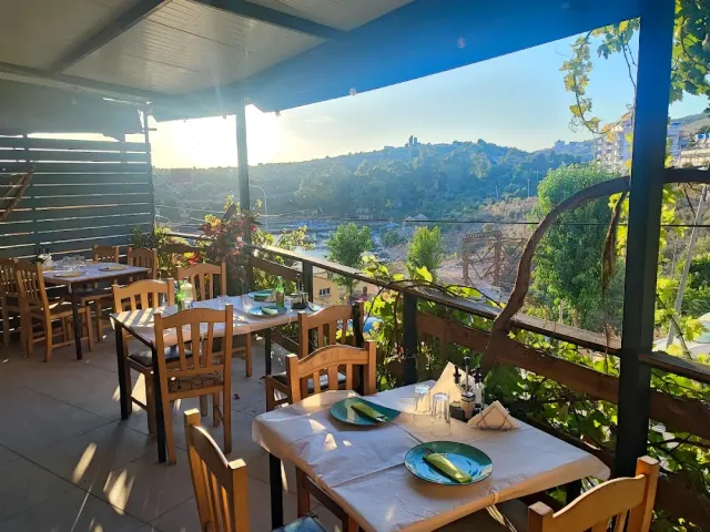 A covered terrace with tables and blue plates, a climbing vine and a view of hills in low sun