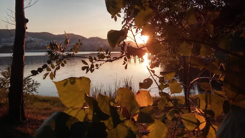 Sunset across a lake seen through branches
